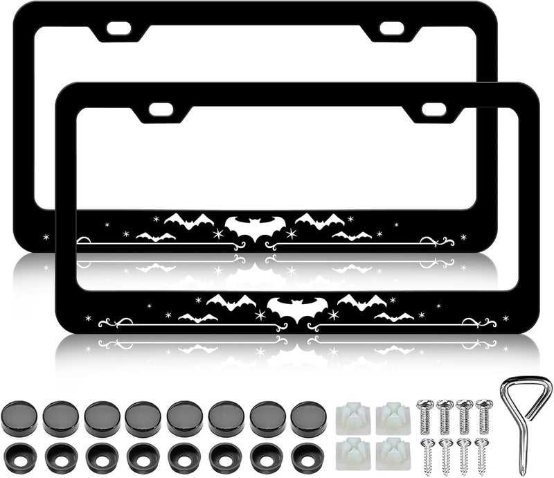 LIN KANG 2Pcs Black and White Bat License Plate Frame, Gothic Animal License Plate Holder for Men Universal Aluminum Metal Rust-Proof Waterproof Car Decorative Tag Frames for Standard US 12x6 Inch - Image 1